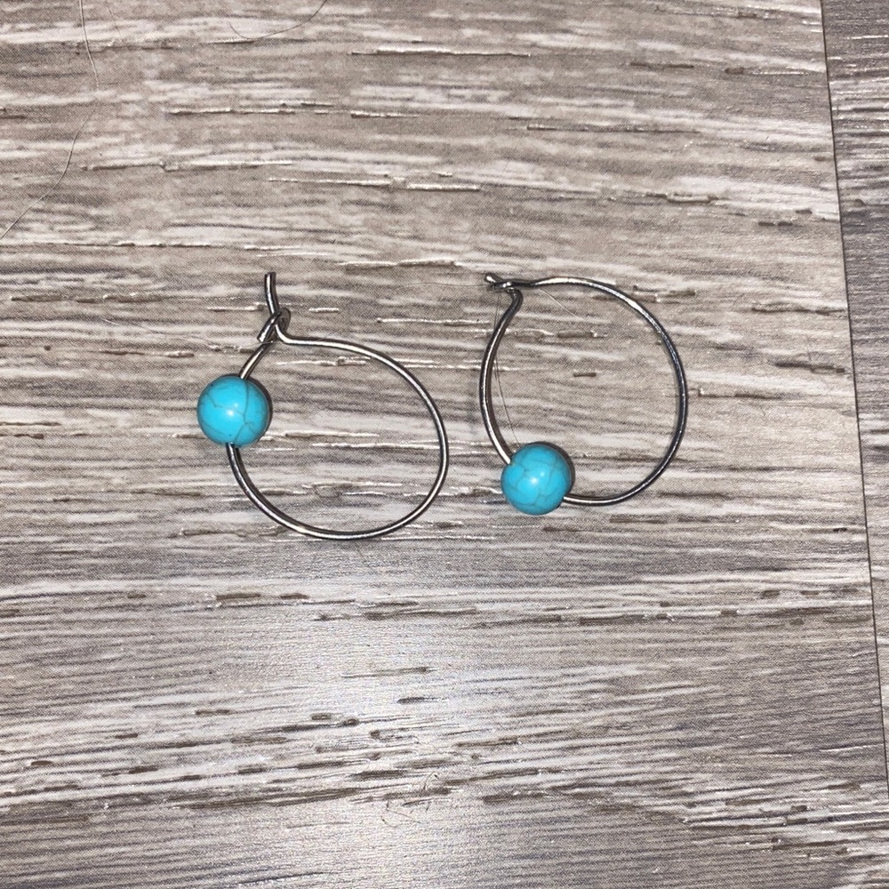 Silver Hoop Earrings with Turquoise Beads